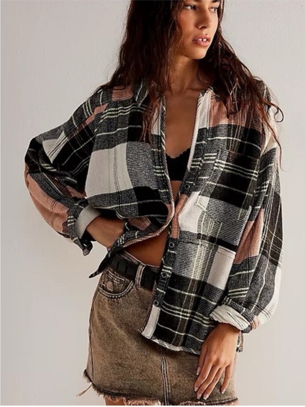We the Free Plaid Shacket oversized XS pink black and white